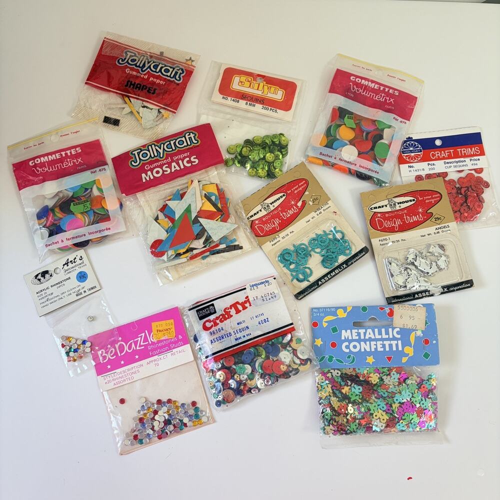 Vintage Lot of Misc Craft Supplies Beads Sequins Sequins Rhinestones Confetti